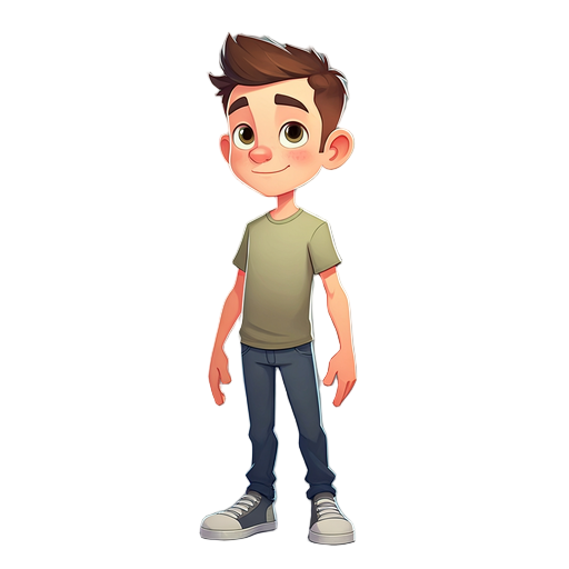 pixar-style full-body male avatar, age 25–30, healthy, friendly, neutral standing pose, stylized proportions. default outfit: plain t-shirt, simple pants, generic sneakers. high-quality, transparent background.