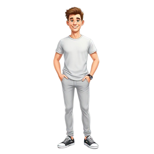 realistic full-body male avatar, age 25–30, healthy and athletic body, friendly expression, neutral pose. default outfit: plain t-shirt, simple pants, sneakers. high-quality, soft lighting, clean white or transparent background.