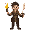 32x32 pixel art of an adventurer holding a torch in his left hand and a sword in his right hand, his clothes are slightly worn and sweaty, the sword shines slightly with the light of the torch, he car
