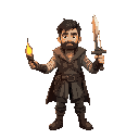 32x32 pixel art of an adventurer holding a torch in his left hand and a sword in his right hand, his clothes are slightly worn and sweaty, the sword shines slightly with the light of the torch, he car