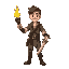 32x32 pixel art of an adventurer holding a torch in his left hand and a sword in his right hand, his clothes are slightly worn and sweaty, the sword shines slightly with the light of the torch, he car