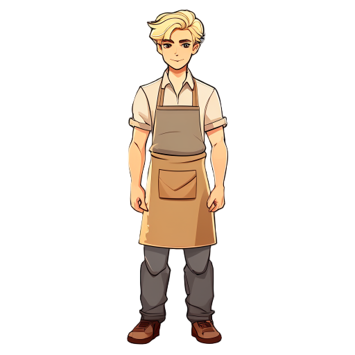 blonde male, beige shirt, tan apron 