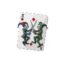 a shiny joker playing card showing two jokers sword fighting