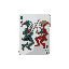 a shiny joker playing card showing two jokers sword fighting