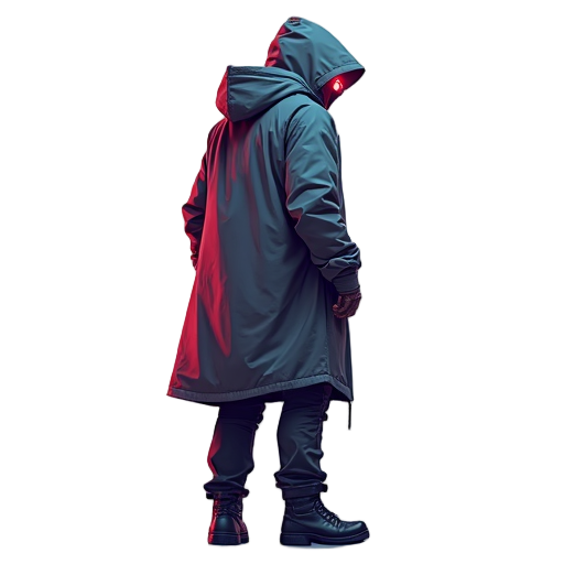 side scroller character, full body view  highly detailed, no blurry  cyberpunk, neon cyan and red shading  a man wearing a raincoat (facing right) side  void white background 