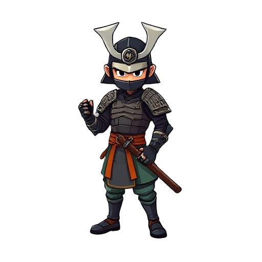 um cavaleiro meio samurai, com espada dourada na mão,escudo meio quadrado pontudo na outra mão