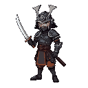 um cavaleiro meio samurai, com espada dourada na mão,escudo meio quadrado pontudo na outra mão