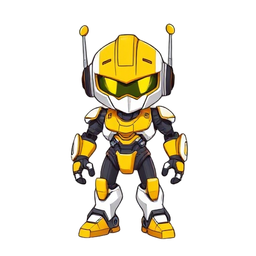 yellow and white robot, helmet, distinct robotic traits