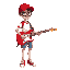 teen hero in red cap, white/red shirt, jean shorts, red sneakers, glasses. guitar as weapon. leader with a brave spirit. color: red, white.