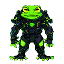 a green frog warrior character, full body, with a scowling/frowning expression and determined look. the frog's skin is a dark green tone. it is wearing a highly detailed cyberpunk armor, which is predominantly black with bright, glowing lime green neon ac