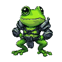 a green frog warrior character, wearing detailed cyberpunk armor with glowing neon accents. the armor is sleek, metallic, and intricately integrated with wires and circuits. the frog has large, determined eyes and a powerful, dynamic stance. 