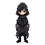an misterious creature, like in the game hollow knight, it looks like a boy, but with a long coat and hood
