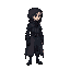 an misterious creature, like in the game hollow knight, it looks like a boy, but with a long coat and hood,looking to the right side, more detailed.