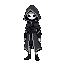 an misterious creature, like in the game hollow knight, it looks like a boy, but with a long coat and hood, 16 bit, inspired by "undertale"