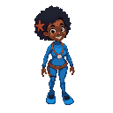 young black woman with curly afro hair, red starfish in her hair, wearing a blue full-body diving suit with flippers, brown belt, and seashell necklace, friendly expression.