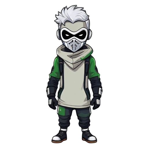 mask man idoso, cabelo branco, cyber punk mask white, tunics de sábio verde e branca
