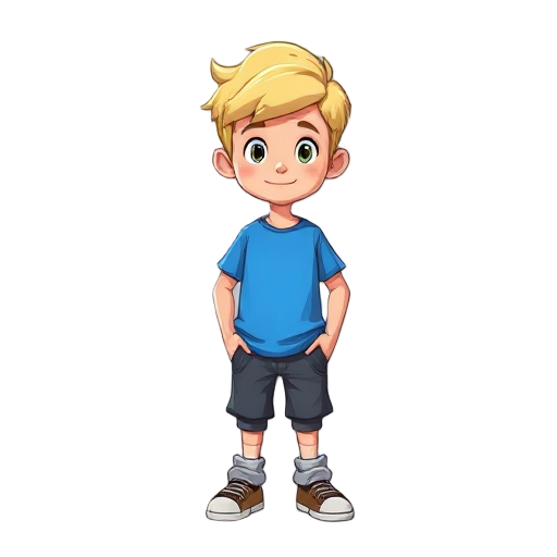 a boy with blonde hair and blue t-shirt