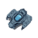 small human fighter spaceship, military style inspired by metal slug design, metallic gray and blue tones, visible cockpit glass, subtle battle wear and scratches, background transparent