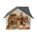 interior of a multiroom house, cutaway view