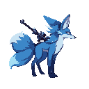 a anthropomorphic spirit fox, blue and white fur, glowing, slim, standing on two legs, sword and bow on back, facing right, idle pose