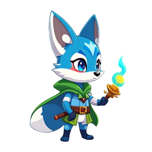 a little blue and white spirit fox, with a green cape, sword, and torch. facing right, in idle pose,