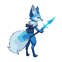 a anthropomorphic spirit fox, blue and white fur, glowing, slim,with sword, facing right, idle posea glowing blue ethereal sword, curved and floating, part of the spirit fox, with a bow on back, facing right, idle pose