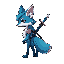 a slim spirit fox, growing blue and white fur,  with a sword and a bow on back, facing right, in idle pose