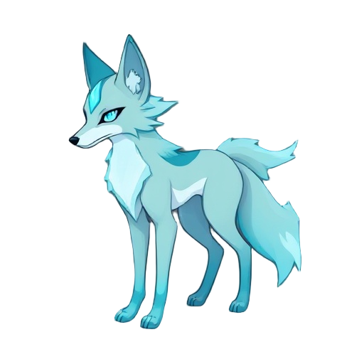 stylized spirit wolf-fox, genderless, slim body, glowing blue-white core, darker teal edges, ethereal