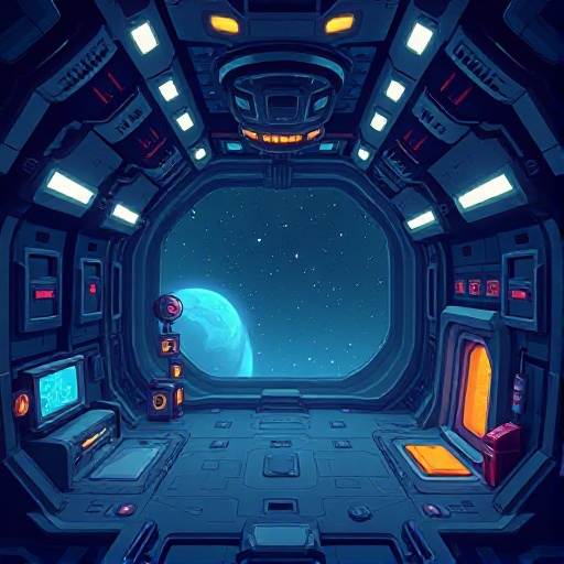 make an map for 2d game retro, the theme is about space, the place is in the space stations, add the sci-fi effect, make the map is can be use for the character to move inside there