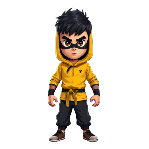 brócolis vestido como bruce lee, usando um macacão amarelo com listras pretas (roupa de jogo da morte),  correndo