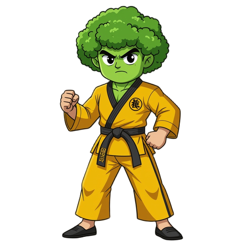 faça um prompt de um personagem brócolis vestido como bruce lee, usando um macacão amarelo com listras pretas (roupa de jogo da morte),  o brócolis tem uma expressão séria de artes marciais, sapatos p