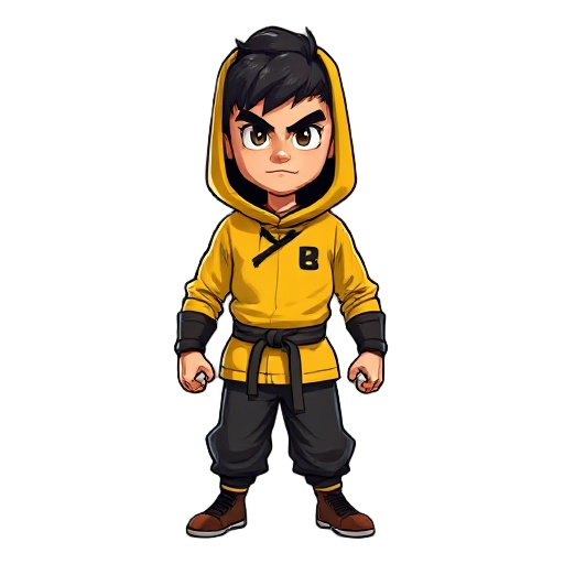  um personagem brócolis vestido como bruce lee, usando um macacão amarelo com listras pretas (roupa de jogo da morte),  o brócolis tem uma expressão séria de artes marciais