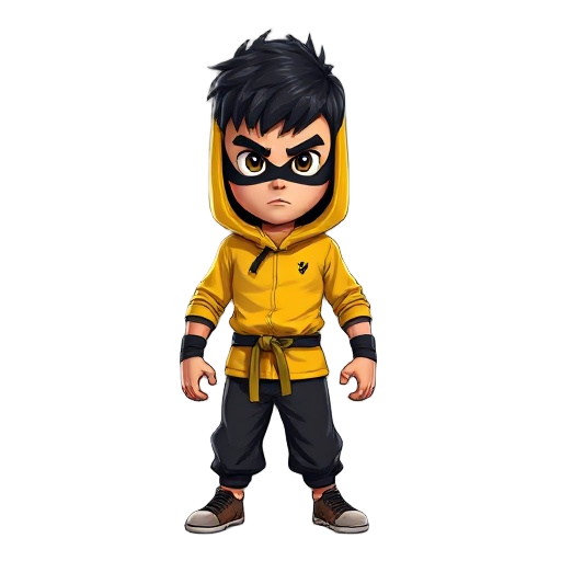 brócolis vestido como bruce lee, usando um macacão amarelo com listras pretas (roupa de jogo da morte),  correndo