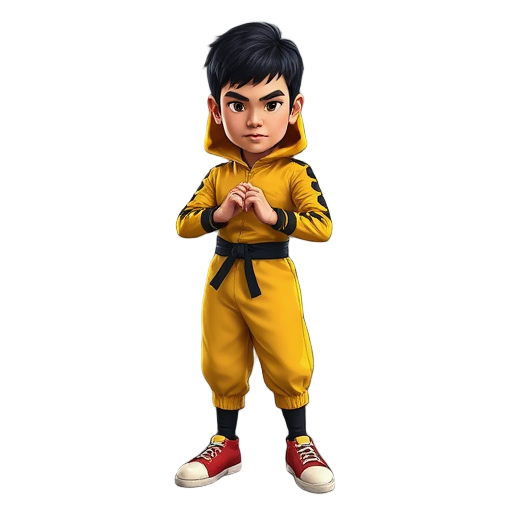 faça um prompt de um personagem brócolis vestido como bruce lee, usando um macacão amarelo com listras pretas (roupa de jogo da morte),  o brócolis tem uma expressão séria de artes marciais, sapatos p