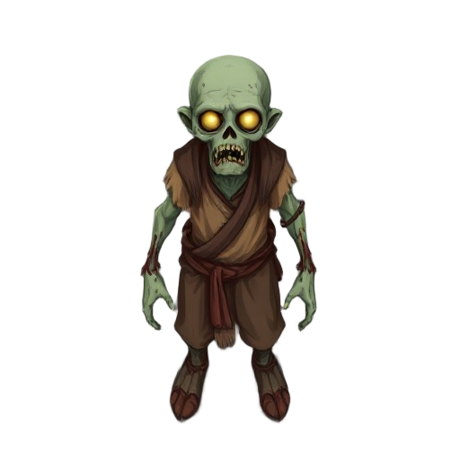 medieval peasant zombie. decayed skin and rotting flesh, tattered brown peasant clothes