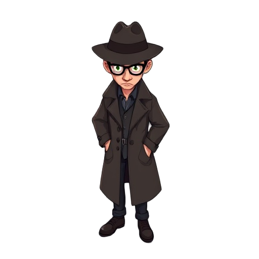 a detective from the 1950's with dark clothing, wearing a trench coat and a fedora