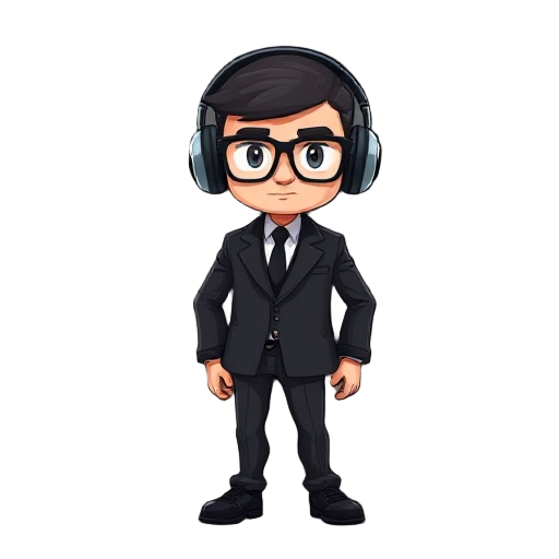  this character should be a guard in your company. he should wear black suits, have headphones on his ears, and have glasses on his eyes.