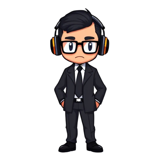  this character should be a guard in your company. he should wear black suits, have headphones on his ears, and have glasses on his eyes.pixel arts