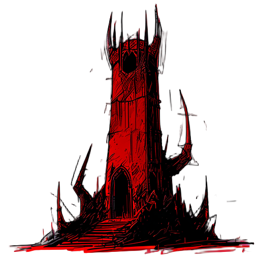 a tower like saurons tower in lord of the rings in dark red, black, heavy outlines,loose sketch with multiple line strokes and scribbly outlines