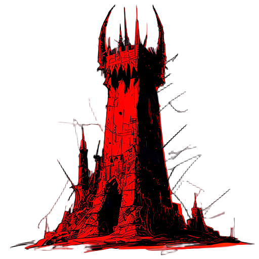 a tower like saurons tower in lord of the rings in dark red, heavy outlines,loose sketch with multiple line strokes and scribbly outlines, no shadows
