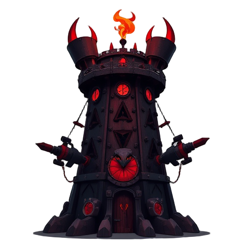a evil sauron tower, blobfish studio style with mass destruction weapons, dark red colored and black like straight from hell