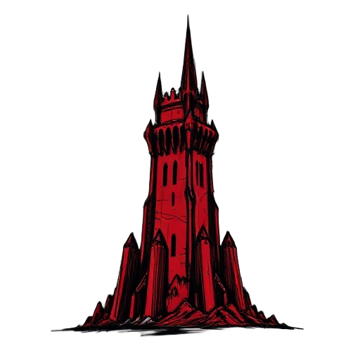 a tower like saurons tower in lord of the rings in dark red, black, heavy outlines,loose sketch with multiple line strokes and scribbly outlines