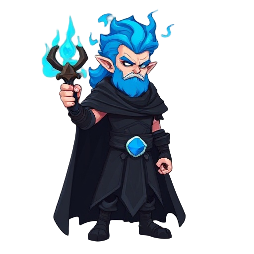 for a tower defense like game, i need a tower that follows the design of hades and has a tridant in his right hand and blue fire as hair and a black cloak, pale skin. blobfish studio style. 