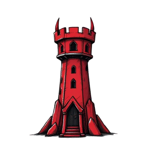 tower, tower defense game, hell theme, citadelle, rough pencil sketch style with overlapping lines, colored, dark red, black