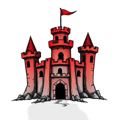 tower, tower defense game, hell theme, citadelle, rough pencil sketch style with overlapping lines, colored, dark red, black, thick black outlines 