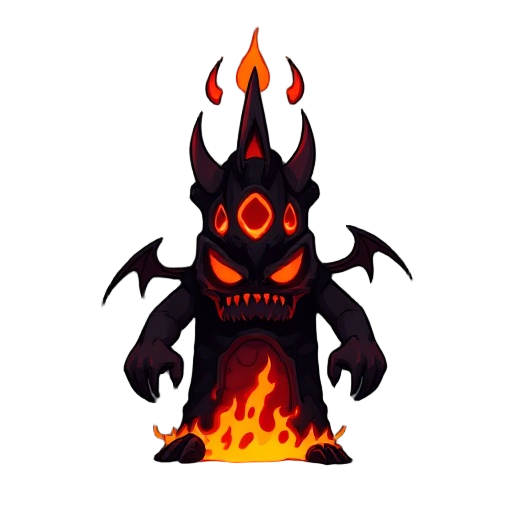 a evil tower of a tower defense game that spawned out of hell. blobfish game style. colors dark red, black. fire