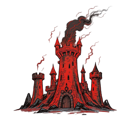 tower, tower defense game, hell theme, citadelle, rough pencil sketch style with overlapping lines, colored, dark red, black, thick black outlines 