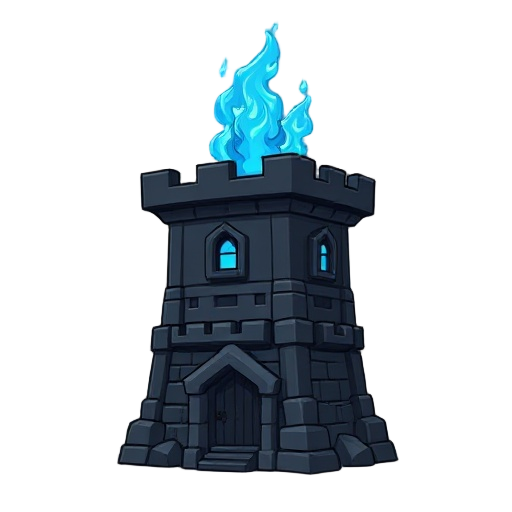 for a tower defense like game, i need a tower, design like hades,  tridant as weapon,  blue fire on top, black walls. blobfish studio style. 