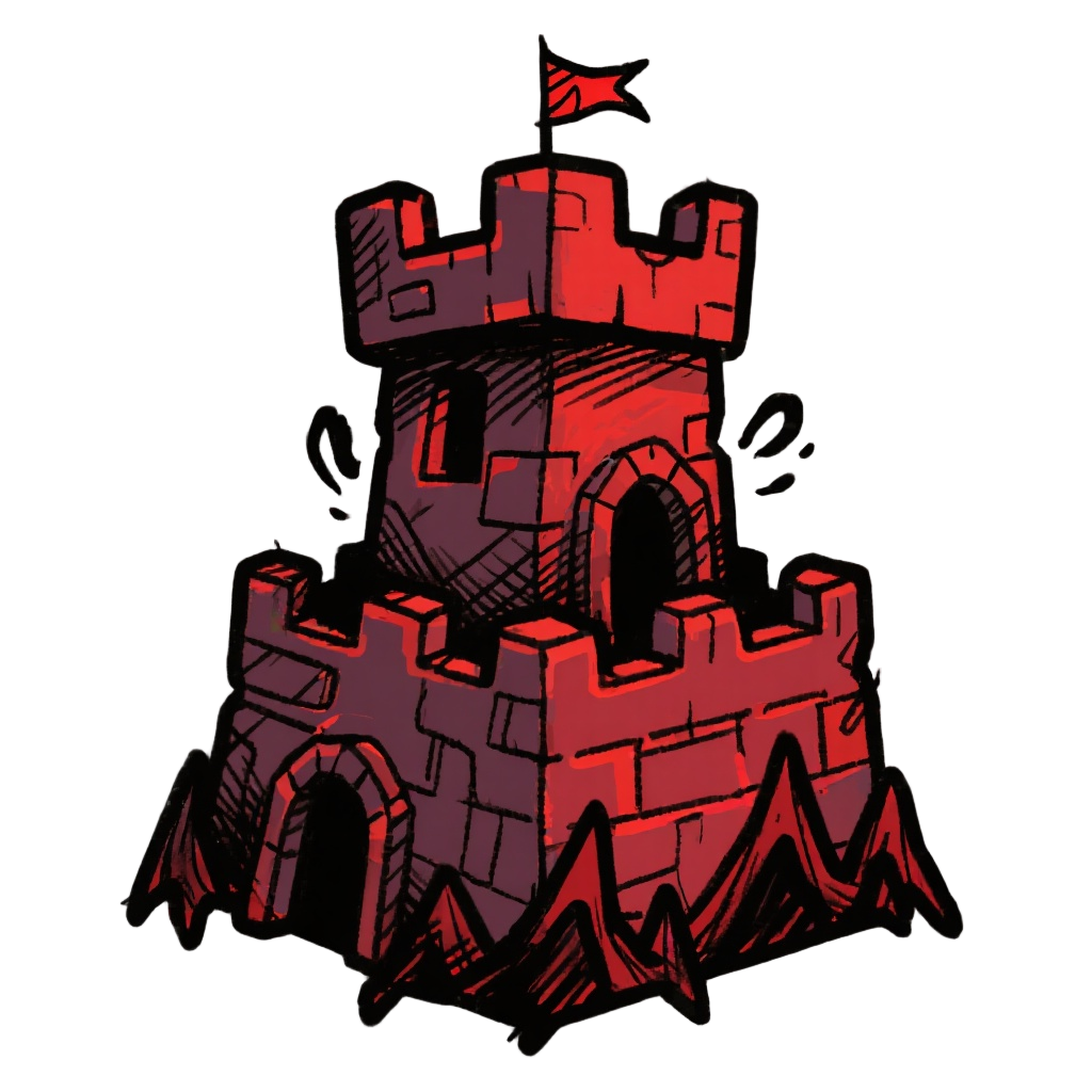 tower, tower defense game, hell theme, citadelle, rough pencil sketch style with overlapping lines, colored, dark red, black, thick black outlines 
