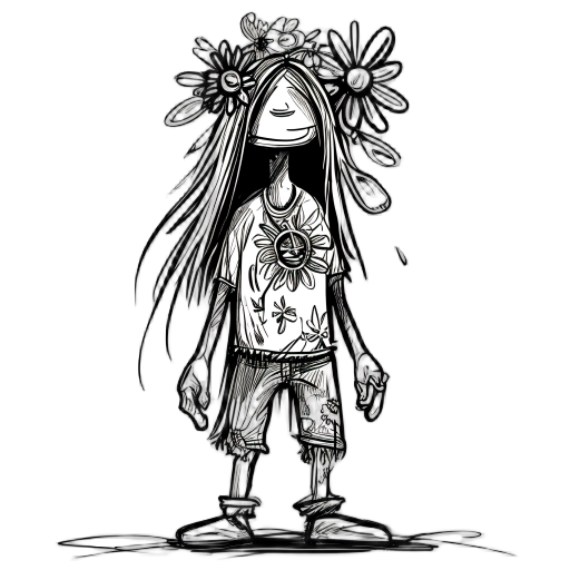 a human hippie with a flower , heavy outlines,loose sketch with multiple line strokes and scribbly outlines, no shadows